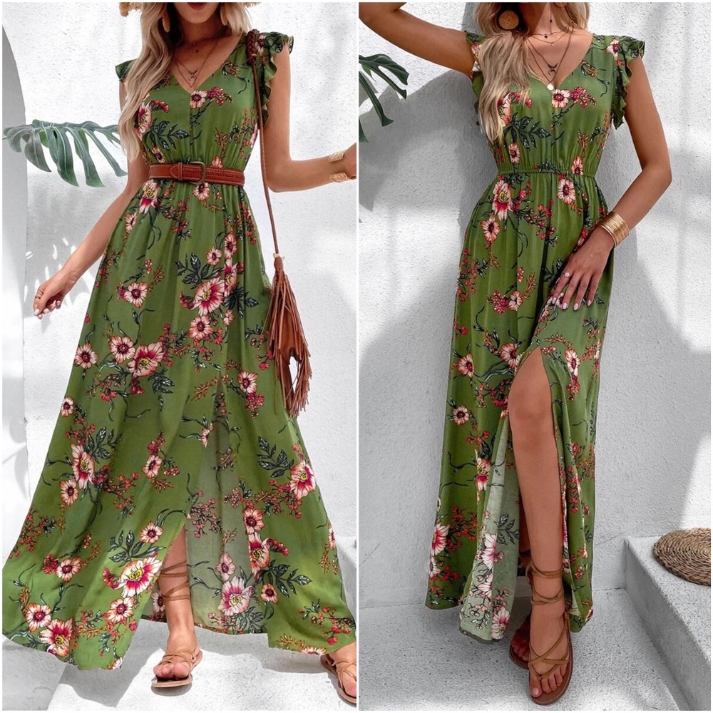 Boho Floral Print Butterly Sleeve Maxi Dress - Picture 2 of 7
